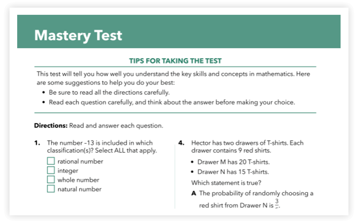 Sample page from mastery test